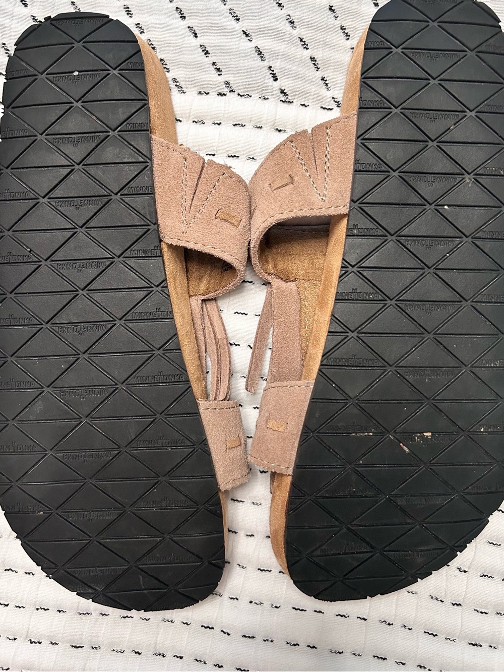 Minnetonka Brown Suede Fringe Slide Sandals - Picture 2 of 6